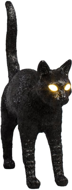 Schwarze Jobby Cat Lampe von Seletti, eine dekorative Tischleuchte in Katzenform mit leuchtenden Augen.